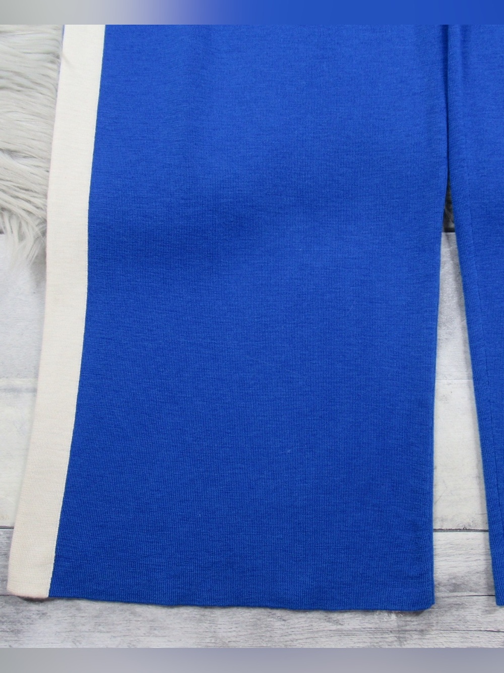 ST. JOHN 100% Wool Knit Wide Leg Pants Royal Blue Cream Side Stripe Size L - Picture 6 of 11
